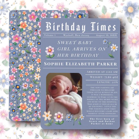 Modern Newspaper Flat Birth Announcement Card 案内状