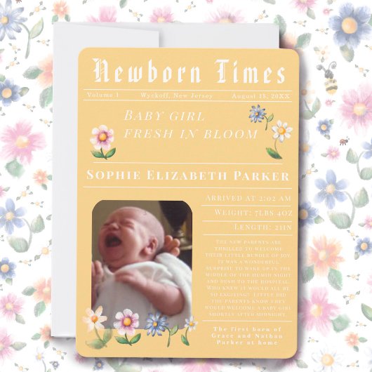 Modern Newspaper Flat Birth Announcement Card 案内状