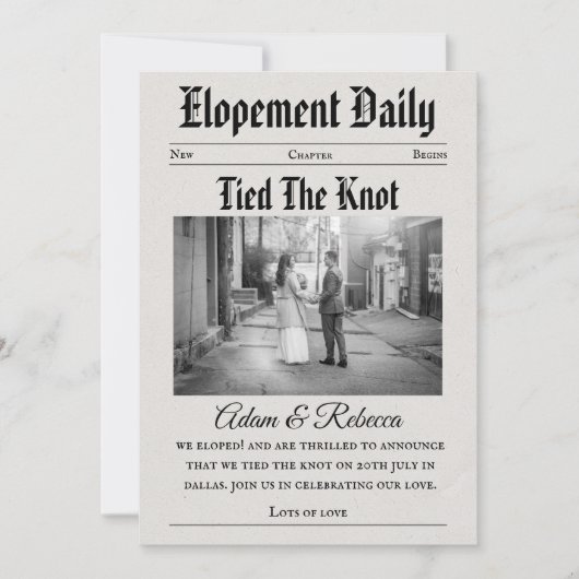 modern newspaper newlyweds elopement announcements 招待状 (正面)