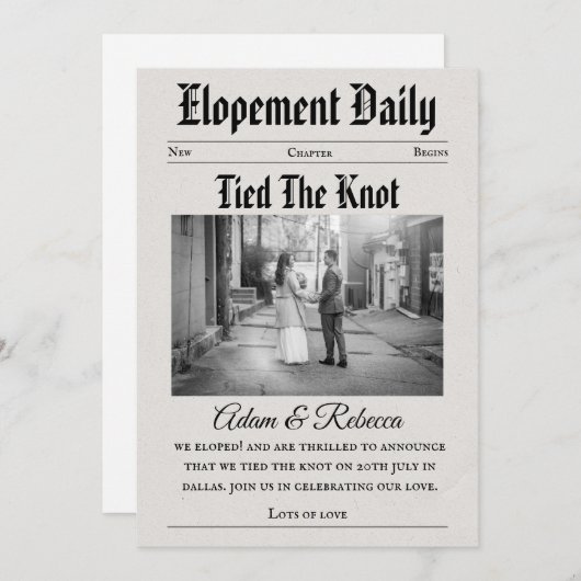 modern newspaper newlyweds elopement announcements 招待状 (正面/裏面)