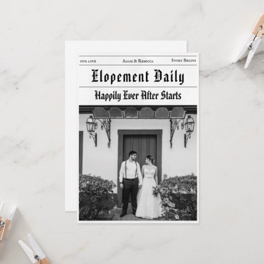 modern newspaper newlyweds elopement announcements 招待状 (正面/裏面インサイチュ)