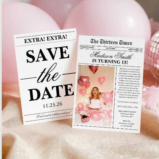 Modern Newspaper Photo 13th Birthday 招待状