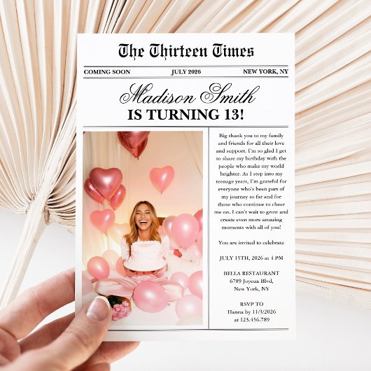 Modern Newspaper Photo 13th Birthday 招待状