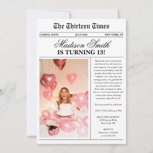 Modern Newspaper Photo 13th Birthday 招待状 (正面)