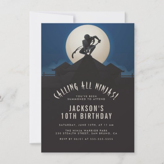 Modern Ninja on Roof Top Silhouette Birthday Party 招待状 (正面)