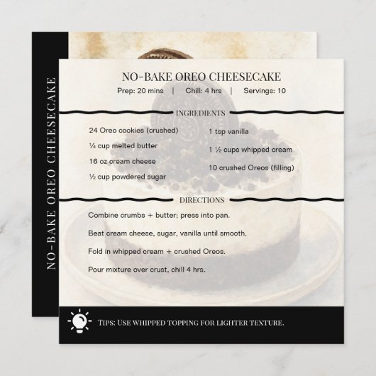 Modern No-Bake Oreo Cheesecake Recipe Card (正面/裏面)
