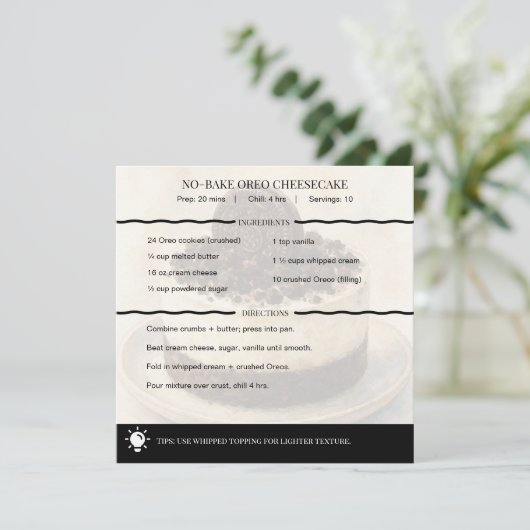 Modern No-Bake Oreo Cheesecake Recipe Card (スタンド正面)