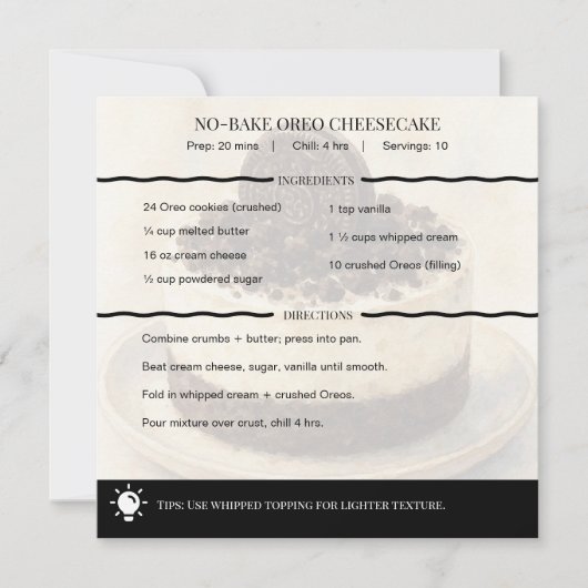 Modern No-Bake Oreo Cheesecake Recipe Card (正面)