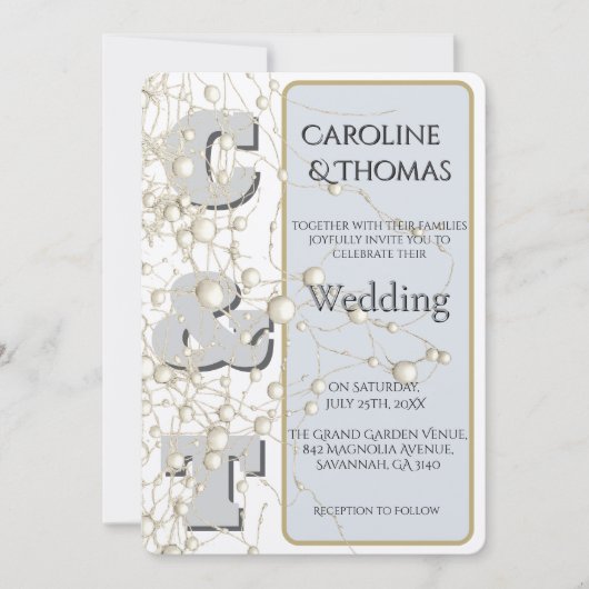 Modern Nonconformist Pearl Gold Script Wedding 招待状 (正面)