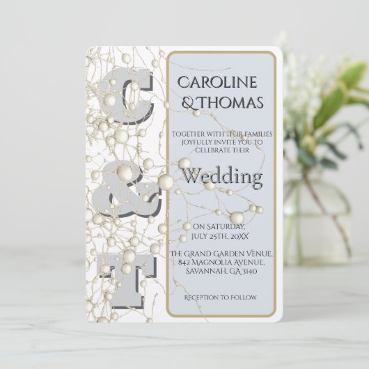 Modern Nonconformist Pearl Gold Script Wedding  招待状 (スタンド正面)