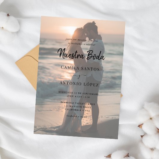 Modern Nuestra Boda | Faded Photo Spanish Wedding 招待状