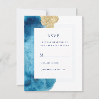 Modern Ocean Blue Watercolor Gold Response Card 出欠カード