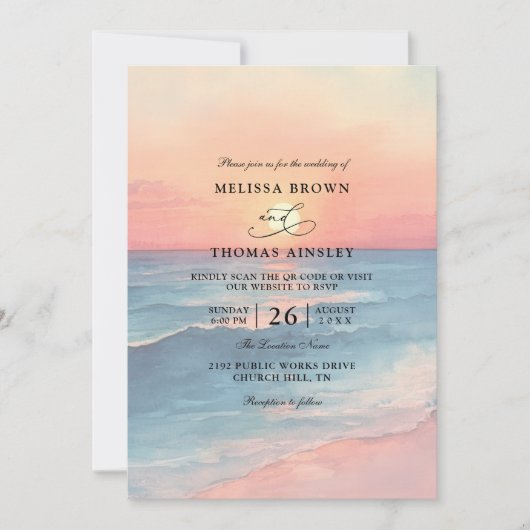 Modern Ocean Sunset Budget QR Code Wedding 招待状 (正面)