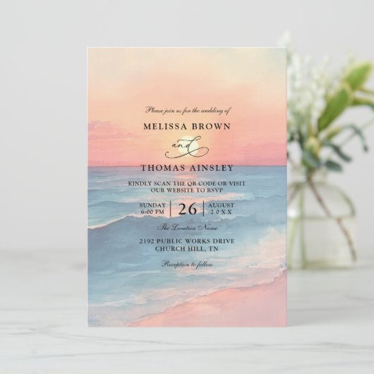 Modern Ocean Sunset Budget QR Code Wedding 招待状 (スタンド正面)