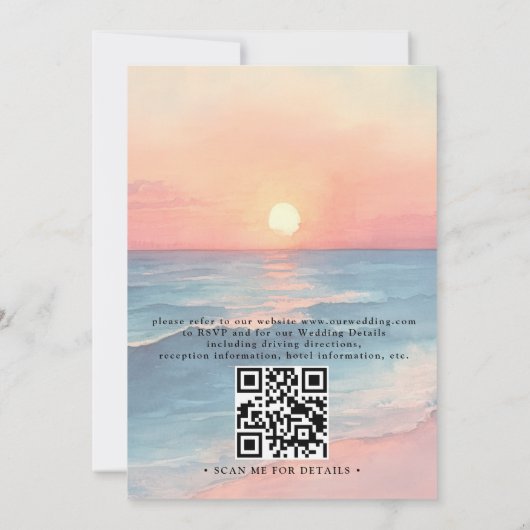 Modern Ocean Sunset Budget QR Code Wedding 招待状 (裏面)