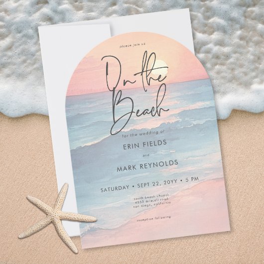 Modern Ocean Sunset Watercolor Beach Arch Wedding 招待状