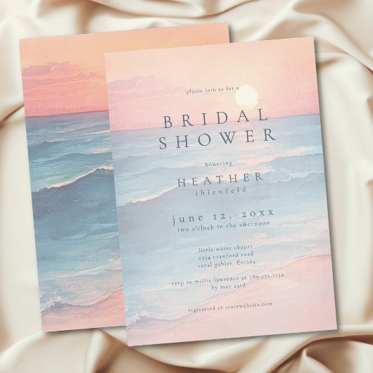 Modern Ocean Sunset Watercolor Beach Bridal Shower 招待状