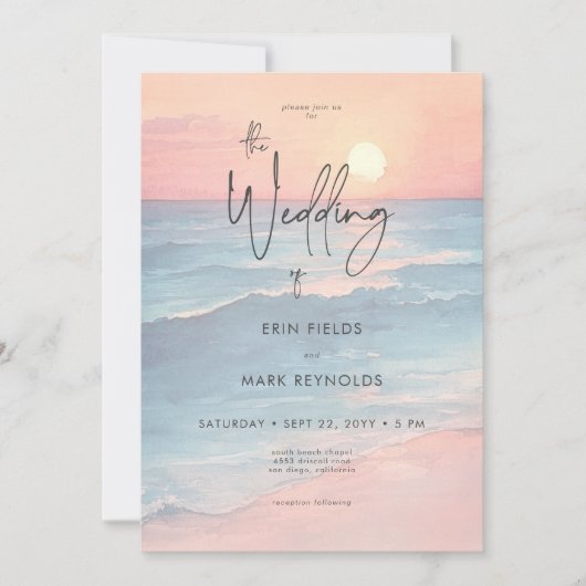 Modern Ocean Sunset Watercolor Beach Wedding 招待状 (正面)