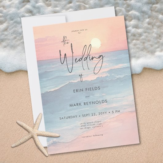 Modern Ocean Sunset Watercolor Beach Wedding 招待状