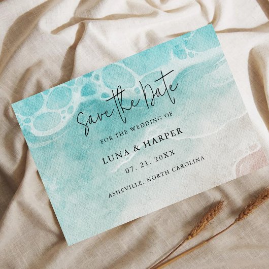 Modern Ocean Tide Watercolor Wedding セーブザデート