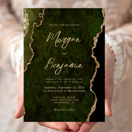 Modern Olive Green Agate Gold Script Wedding 招待状