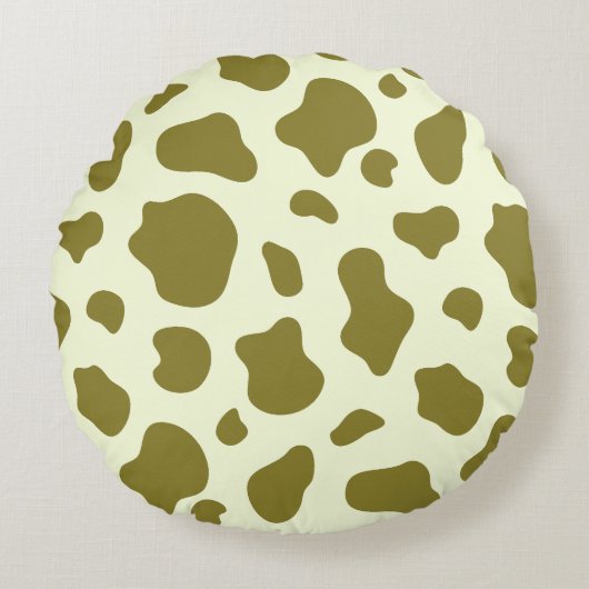 Modern Olive Green Cow Print ラウンドクッション (正面)