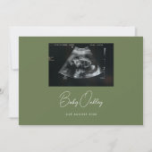 Modern Olive Green "Little Surprise" Pregnancy 案内状 (裏面)