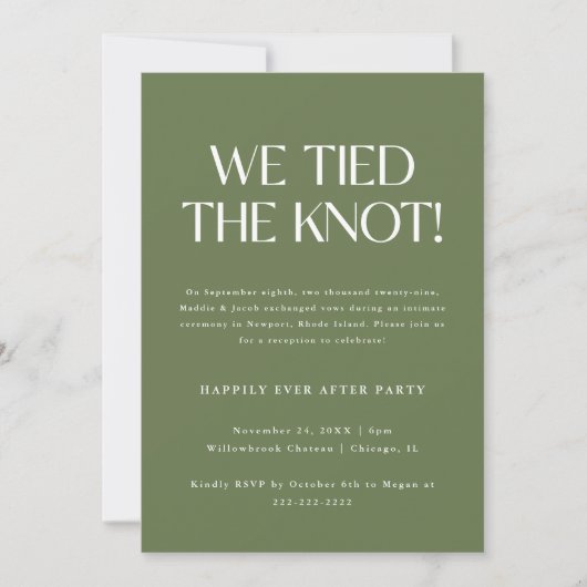 Modern Olive Green Wedding Elopement Reception 招待状 (正面)