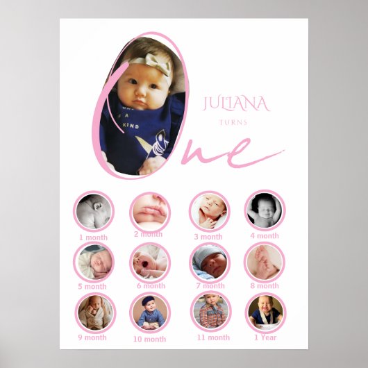Modern One Year Milestone Baby Girl Photo Collage ポスター (正面)