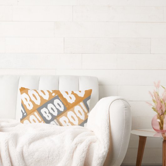 Modern Orange and Grey Boo Pattern Halloween  ランバークッション (ソファ)