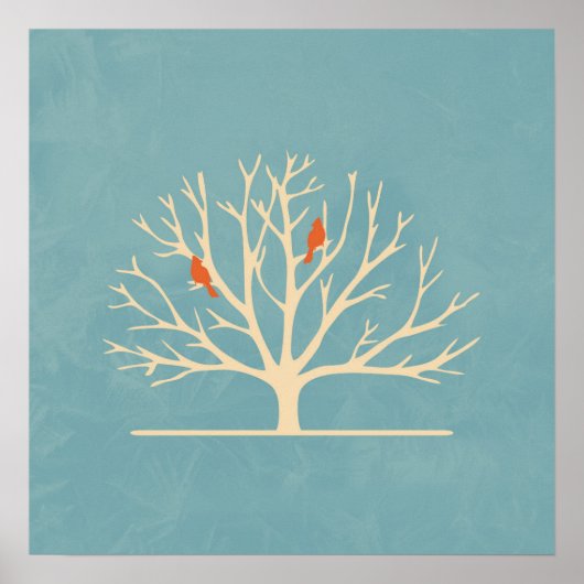 Modern Orange Birds in a Large Tree Illustration ポスター (正面)