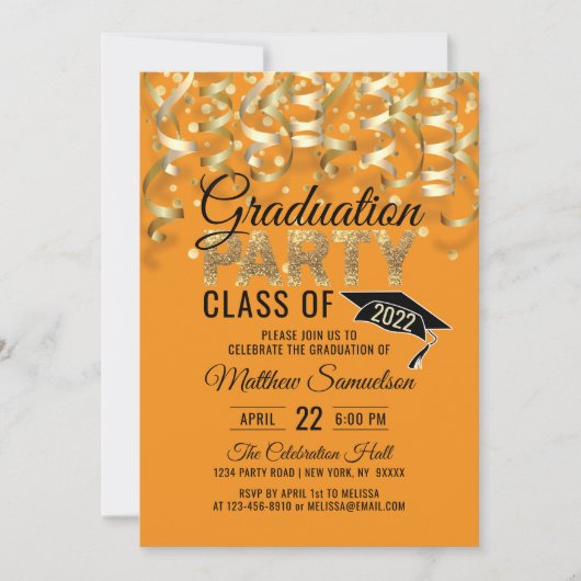 Modern ORANGE Gold Glitter GRADUATION Party 招待状 (正面)
