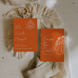 Modern Orange Hand Drawn Retro Summer Wedding  セーブザデート
