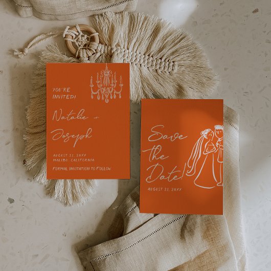 Modern Orange Hand Drawn Retro Summer Wedding  セーブザデート