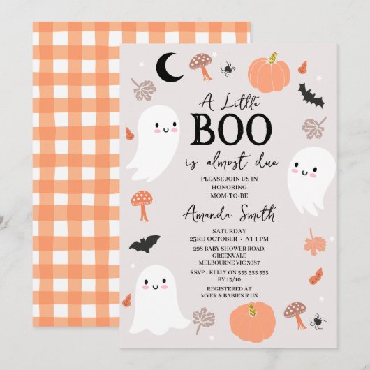 Modern Orange Little Boo Almost Due Baby Shower 招待状 (正面/裏面)