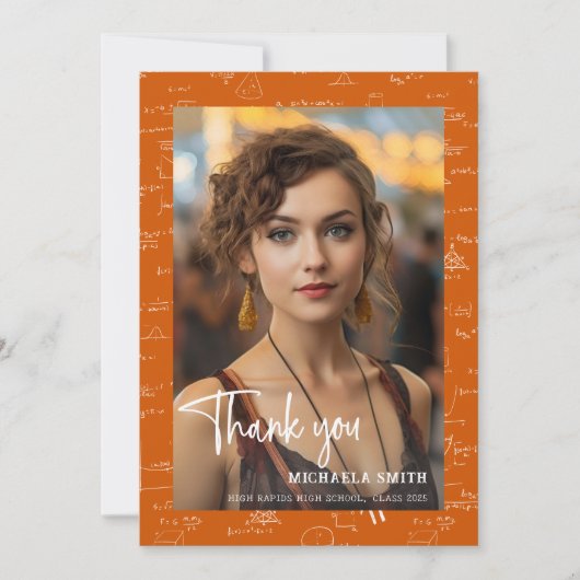 Modern Orange Math Script Photo Graduation  サンキューカード (正面)