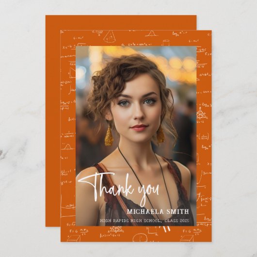 Modern Orange Math Script Photo Graduation  サンキューカード (正面/裏面)