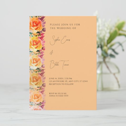 Modern Orange Ombre Roses Orange Wedding 招待状 (スタンド正面)