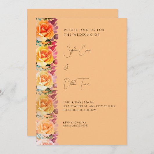 Modern Orange Ombre Roses Orange Wedding 招待状 (正面/裏面)