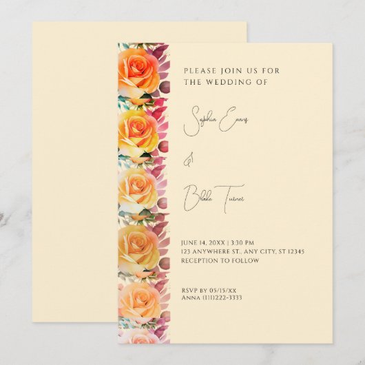 Modern Orange Ombre Roses Yellow Wedding 招待状 (正面/裏面)