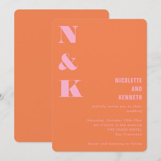 Modern Orange Pink Monogram Initials Wedding  招待状 (正面/裏面)