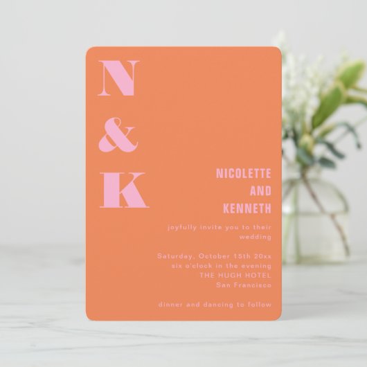 Modern Orange Pink Monogram Initials Wedding  招待状 (スタンド正面)