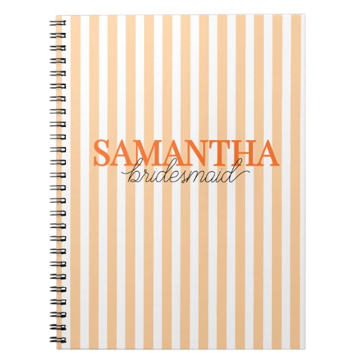 Modern Orange Striped Script Bridesmaid Name ノートブック (正面)
