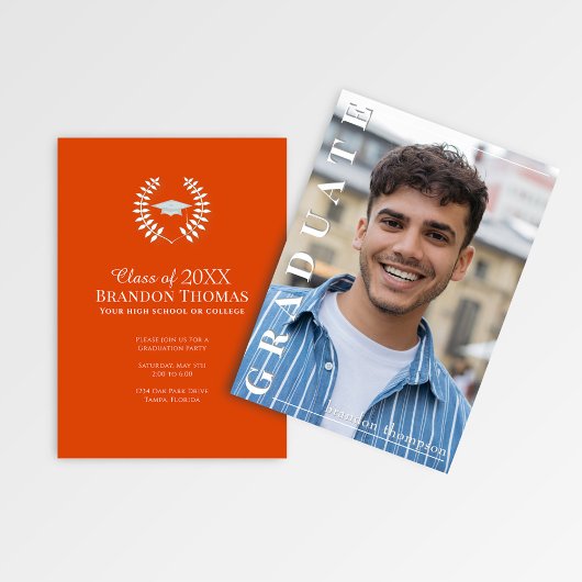 Modern Orange Vertical Name Graduation Photo Card 招待状