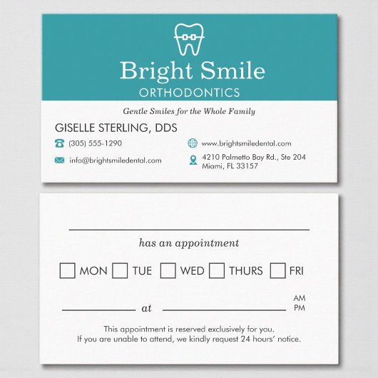 Modern Orthodontist Aqua Blue Appointment Reminder 予約カード