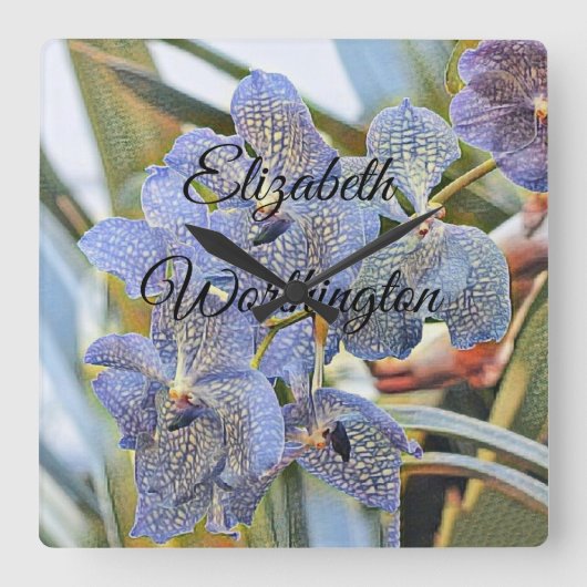 Modern Painting Purple Blue Orchid Flowers スクエア壁時計 (正面)