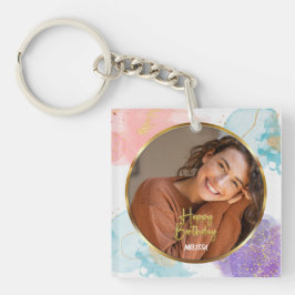Modern Pastel and Gold Glitter Photo Name Birthday キーホルダー