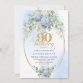 Modern Pastel Blue Floral Gold 90th Birthday Card 招待状 (正面)
