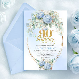 Modern Pastel Blue Floral Gold 90th Birthday Card 招待状