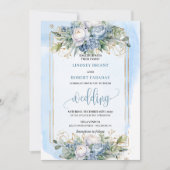 Modern pastel blue gold flowers wedding invitation 招待状 (正面)
